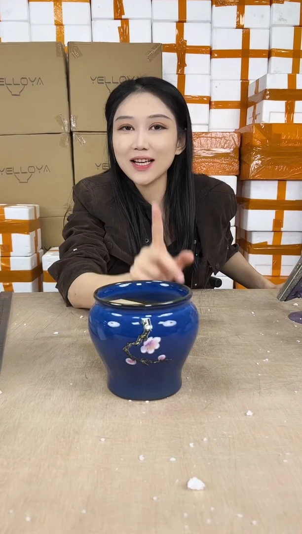 缸形深蓝花釉勾花13x13