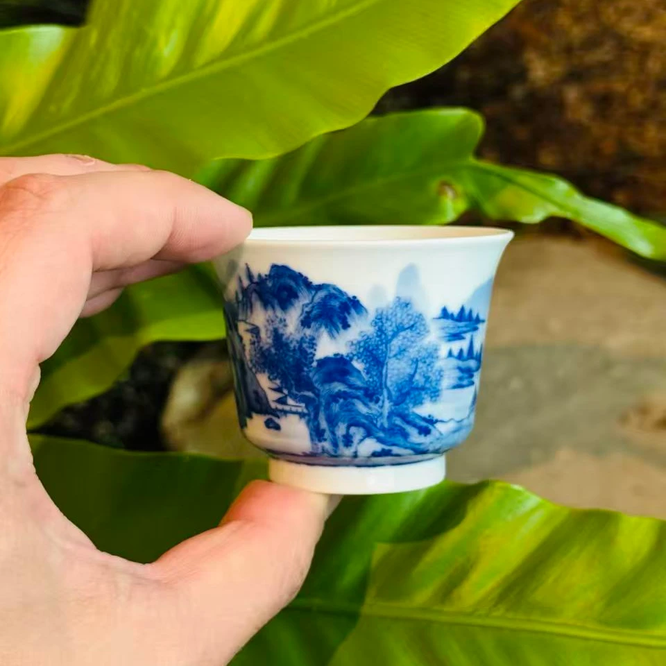 看山柴窑青花山水杯