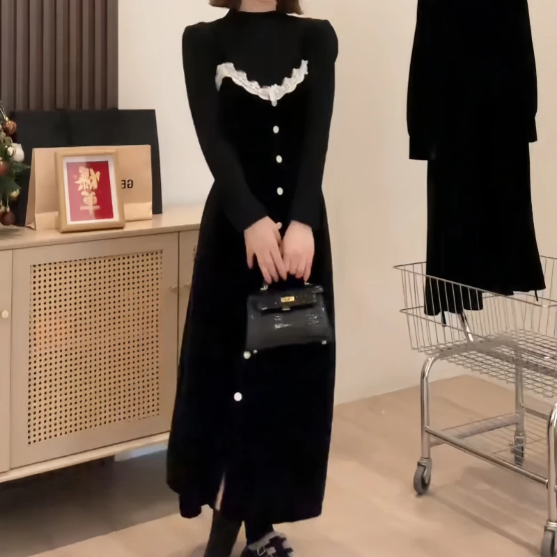 法式复古气质连衣裙秋季新款高级感胖MM显瘦遮肉肉黑色时尚百搭款