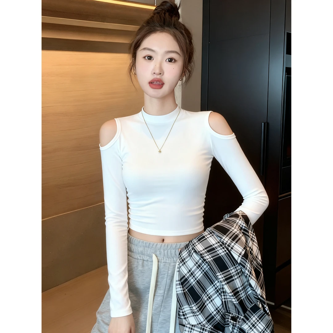 黑色半高领长袖打底衫女内搭春秋冬2025新款时尚露肩修身短款上衣