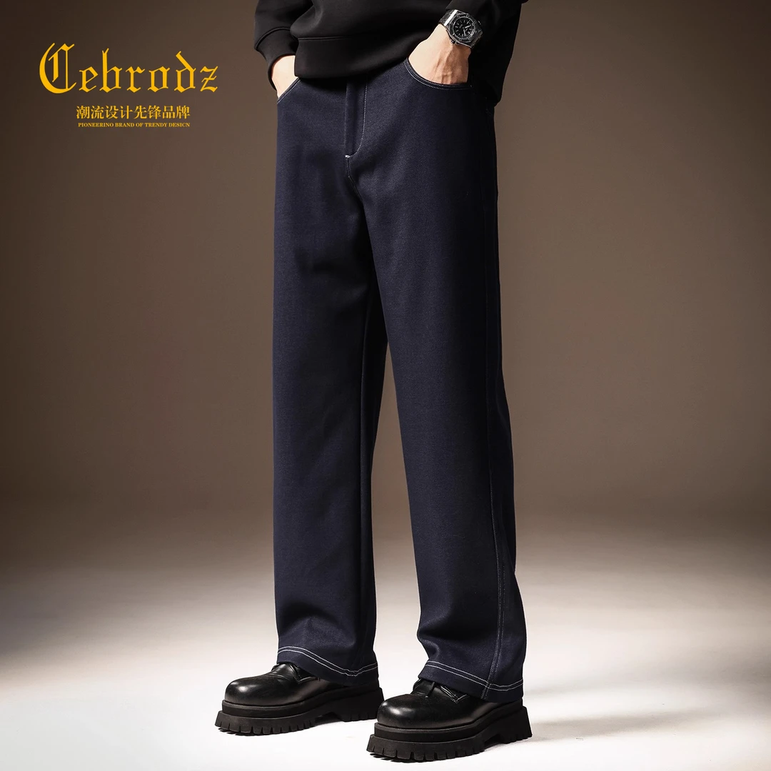 法国Cebrodz高端简约休闲针织牛仔裤男秋宽松直筒高街潮牌复古男