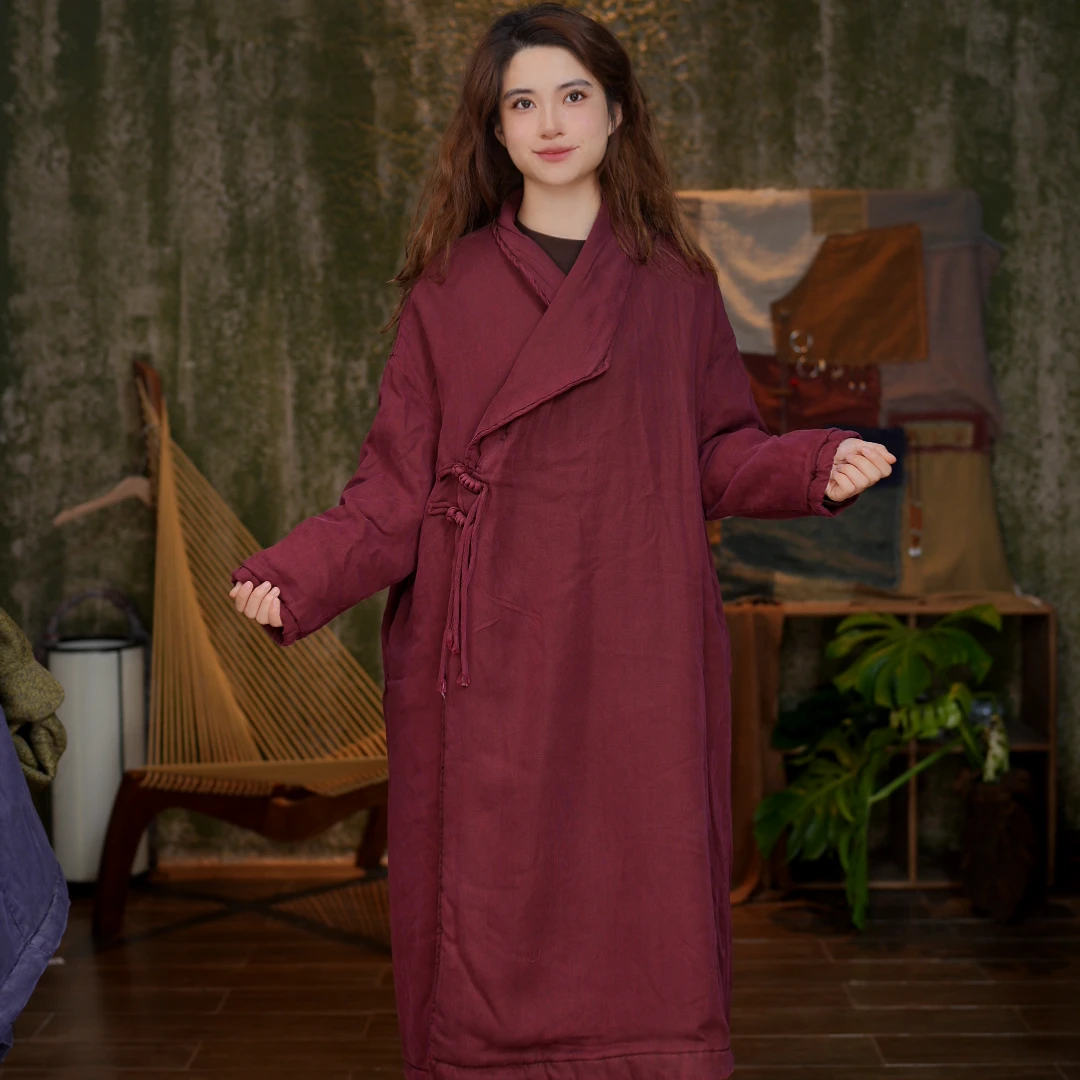 25AW9衣长115cm胸围150cm冬季长款亚麻盘扣棉服