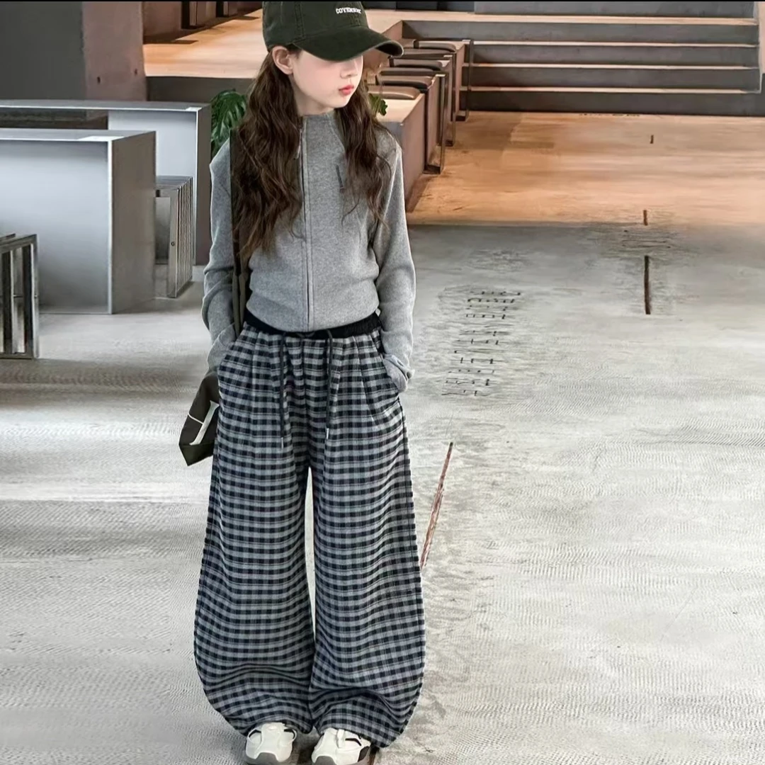 女童2025秋季新款套装休闲纯色拉链上衣格子弯刀裤休闲百搭两件套