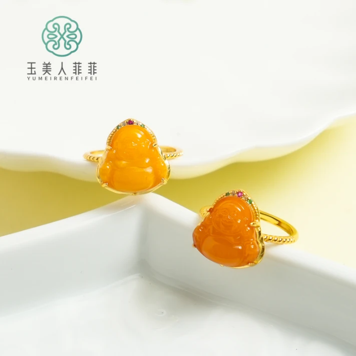 石惑珠宝*蜜蜡佛公可调节戒指约15*14mm*多样性发一