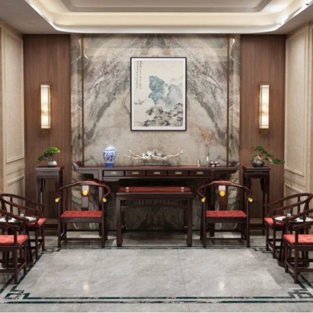 新中式乌金木实木中堂六件套八仙桌条案台供桌农村堂屋香案台神台