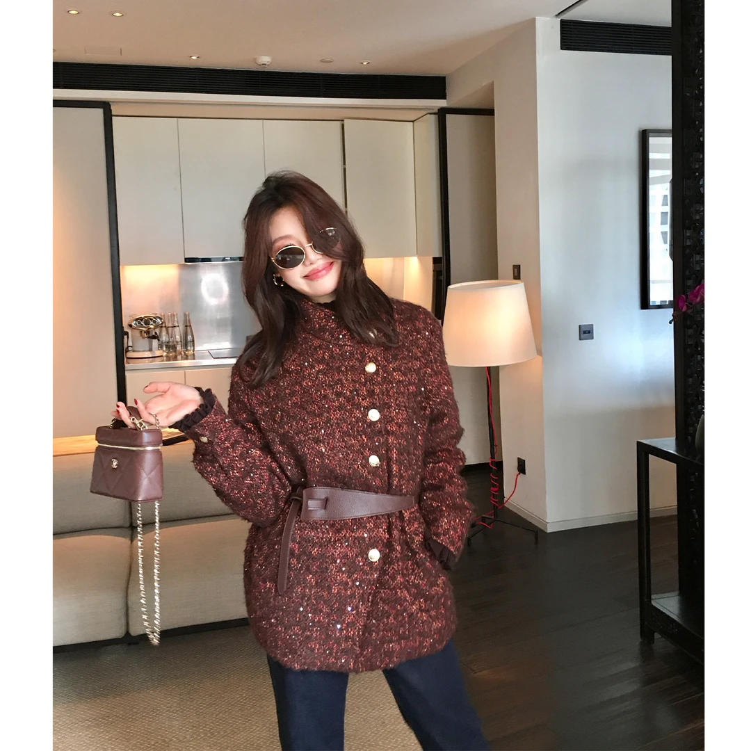 【ALONESAVOR】龍喜儿复古羊毛混纺90白鹅绒珠片羽绒服J079