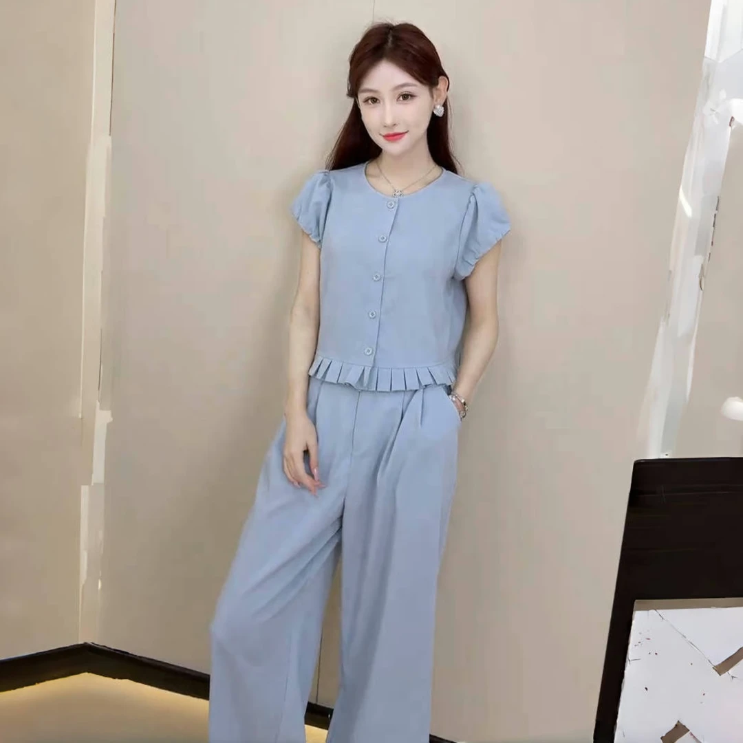 拉夏贝尔法式时尚套装女2025夏季新款荷叶边短袖上衣阔腿裤两件套