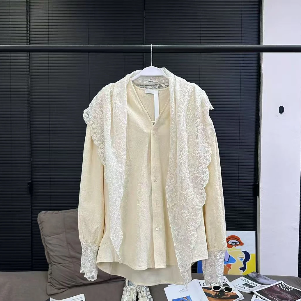【优雅复刻】复古百搭韩版设计感慵懒风V领衬衫+蕾丝披肩