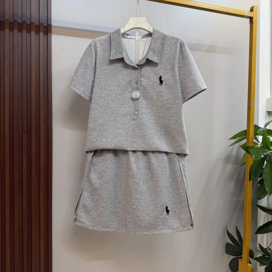 新款大码女装时尚韩版纯色休闲机能欧美风POLO领上衣短裤裙两件套