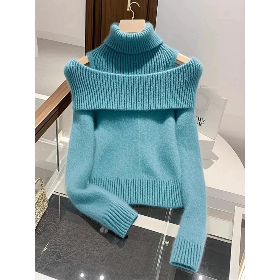 时尚高级感冬装新款女装法式设计独特超好看小香风蓝色假两件毛衣