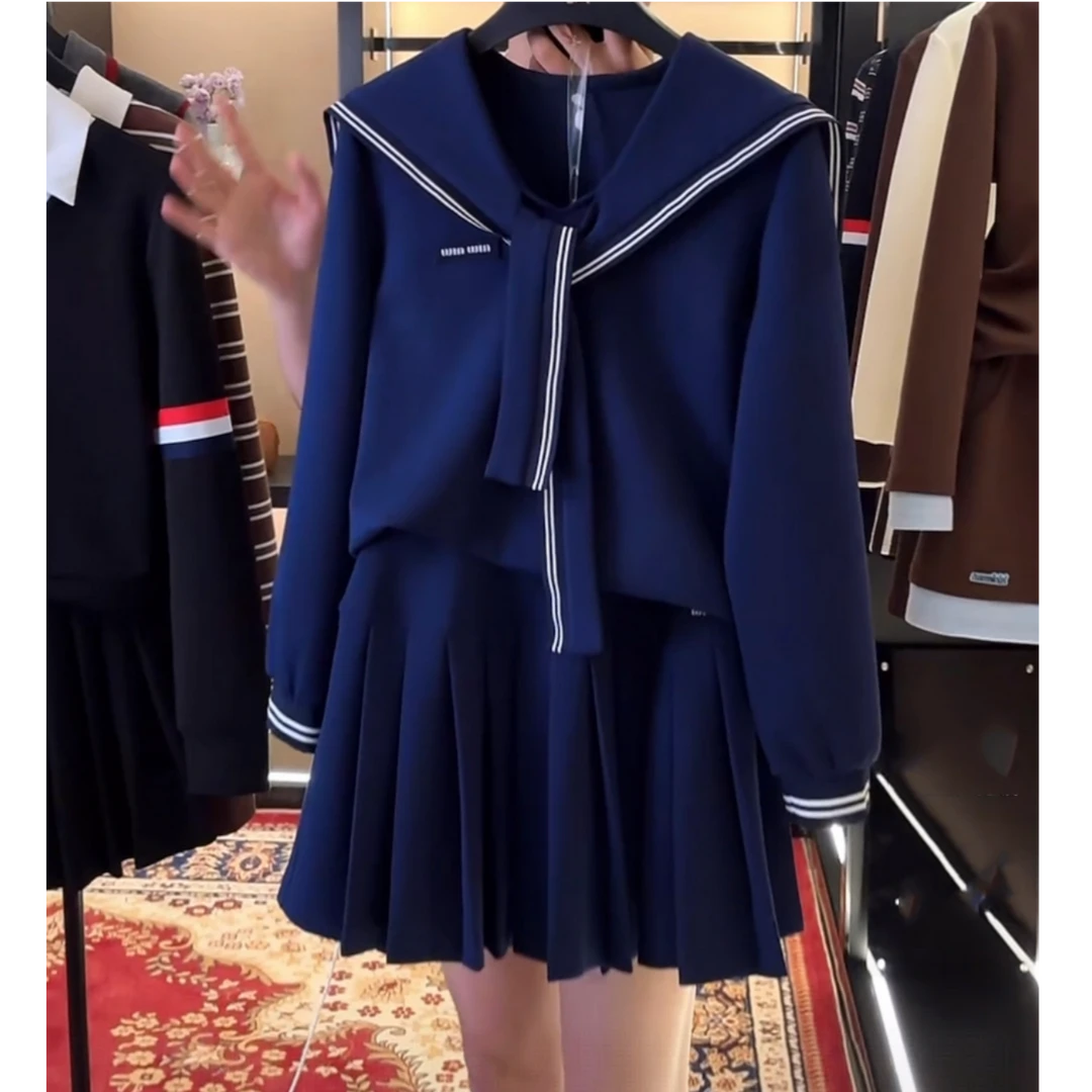2025秋季新款学院风日式减龄海军领长袖百褶裙时尚休闲气质两件套