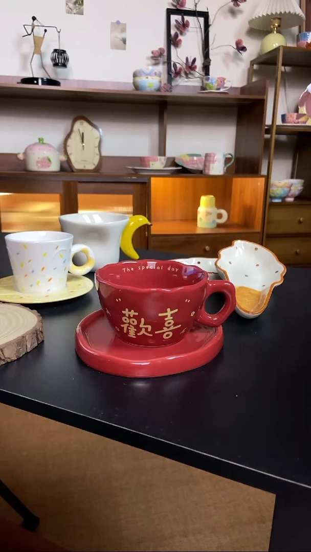 陶瓷欢喜杯碟一套280ml