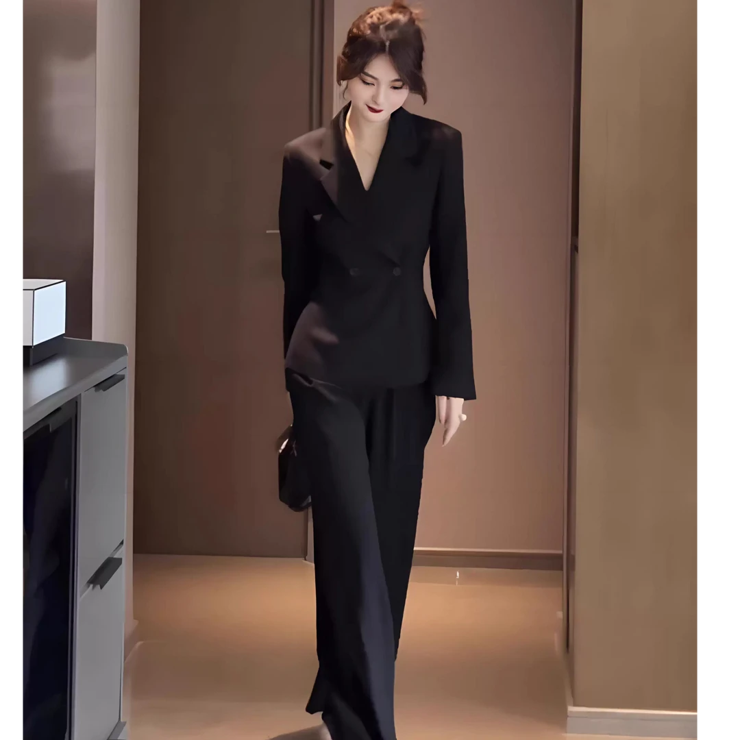 大码高级感时尚气质西装套装女春秋新款修身西装外套阔腿裤两件套