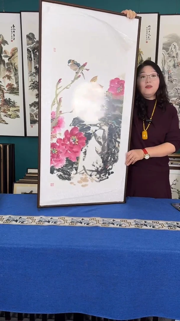 国画60*120牡丹实木装裱