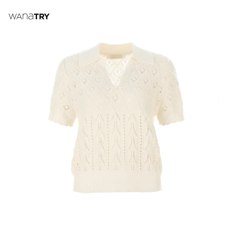 【自播专享】Wanatry 杏色法式镂空针织亚麻上衣