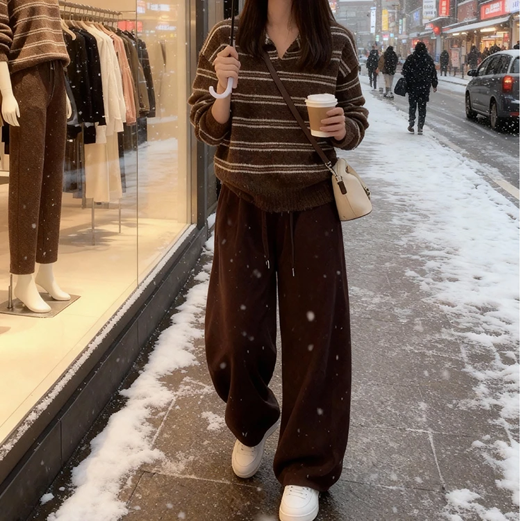 2025新款保暖休闲风冬季阔腿裤秋冬网红复古条纹松紧腰套装两件套