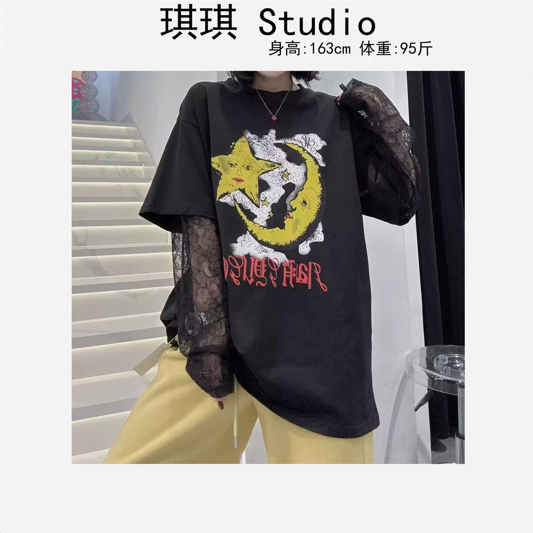 早春新款气质时尚假两件拼接蕾丝袖绘画月亮五角星百搭上衣6102-G