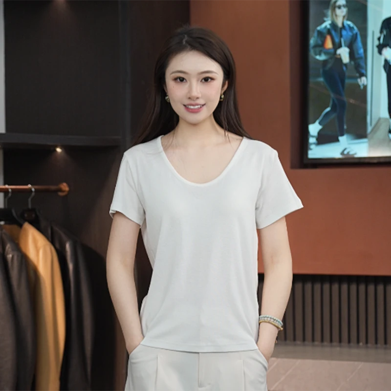 夏季显瘦简约慵懒优雅风纯色短袖女新款百搭小圆领上衣YR-668