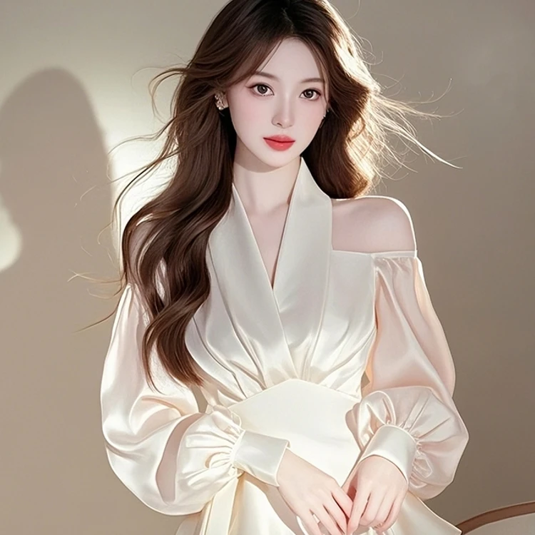 法式气质挂脖露肩雪纺衫女春季新款V领收腰压褶显瘦长袖上衣小衫