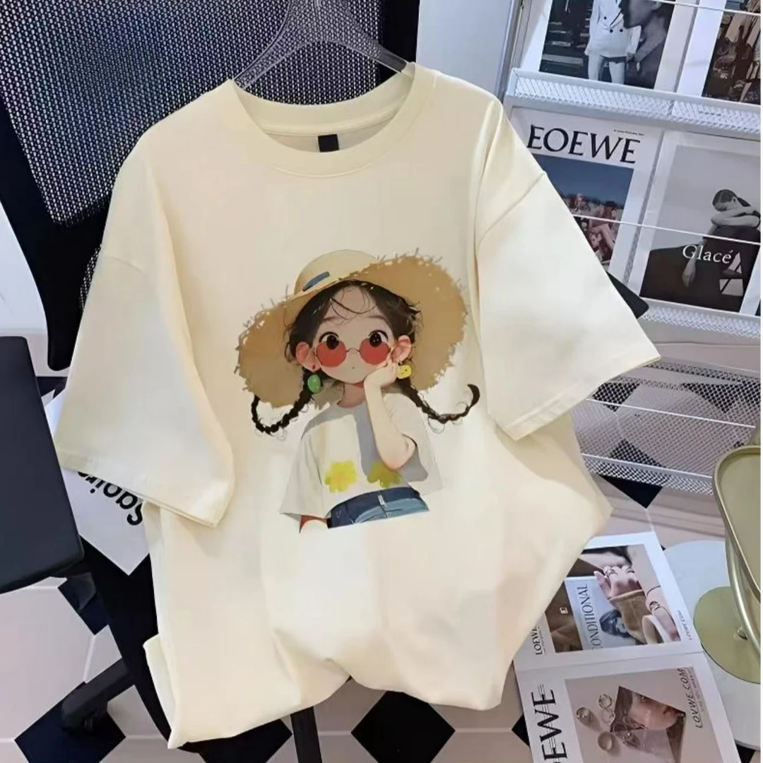 草帽少女亲子款~洋气女童百搭洋气印花韩版短袖T恤8389