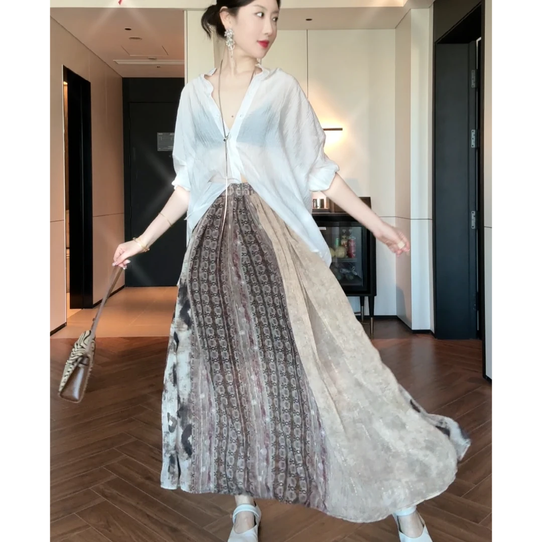 AOSER印花轻熟风拼接长裙成人半身裙优雅百褶连衣裙复古轻奢