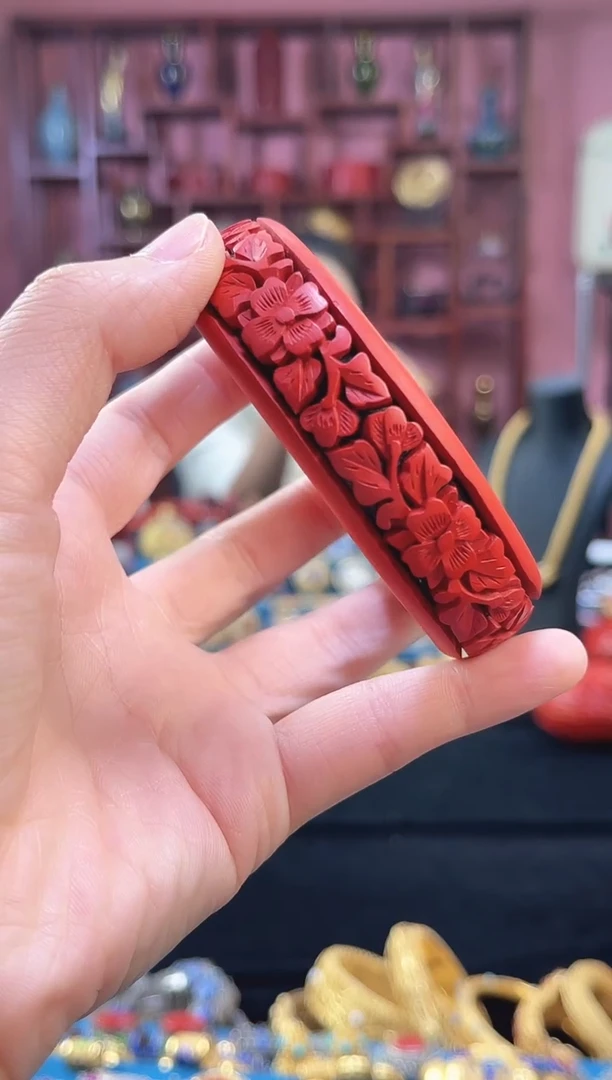 非遗 雕漆手镯 红黑 花卉 60