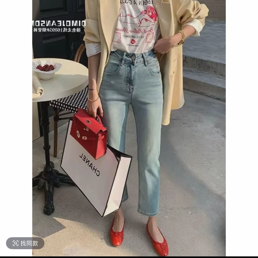 做旧高腰四季通用厚款冬季牛仔裤水洗女士显瘦休闲风 牛仔裤1665