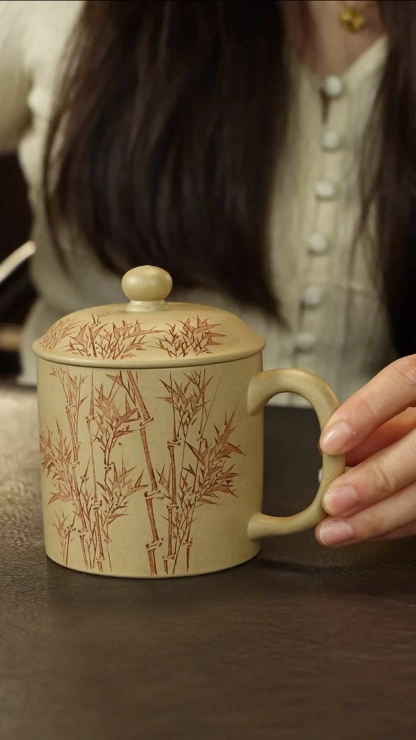 茶杯紫砂李建军本山绿泥盖杯刻竹石约300cc