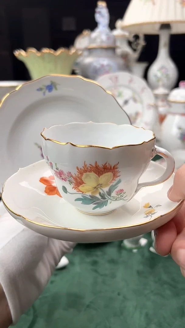 欧瓷梅森花绘咖啡杯碟盘微瑕