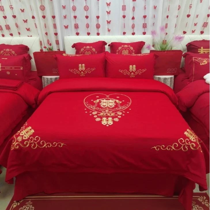 【小欢喜】100%棉全棉中式婚庆刺绣绣花结婚大红色四件套婚房喜庆