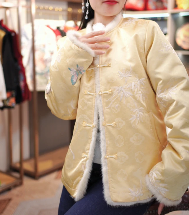 】常规拼接长袖不起球保暖花卉棉服冬季外套上衣盘扣