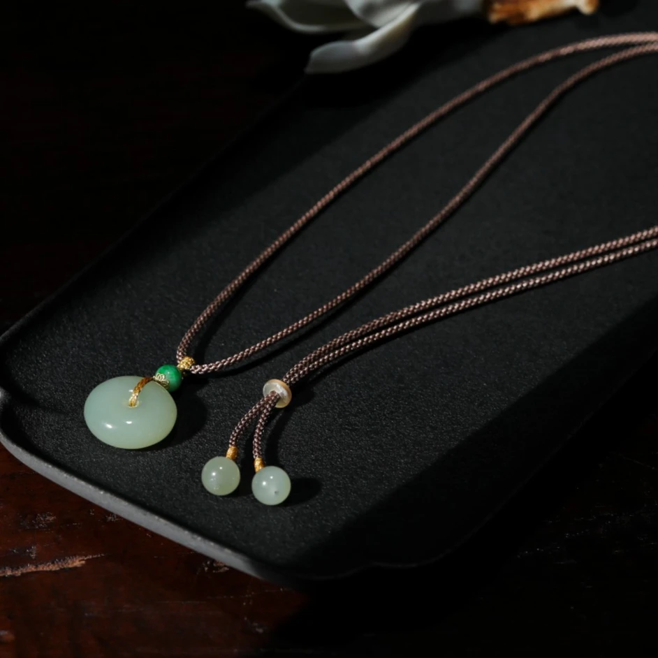 【意婵】《美好》精品天然和田玉胖厚平安扣项链18K金翡翠-906971