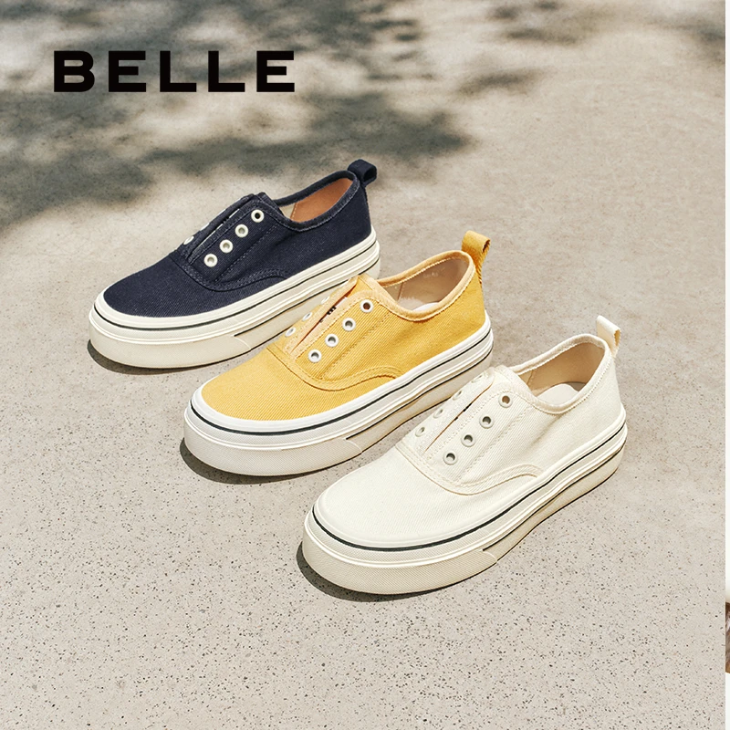 百丽航海家厚底增高一脚蹬帆布鞋2025新款百搭低帮免系带休闲女鞋