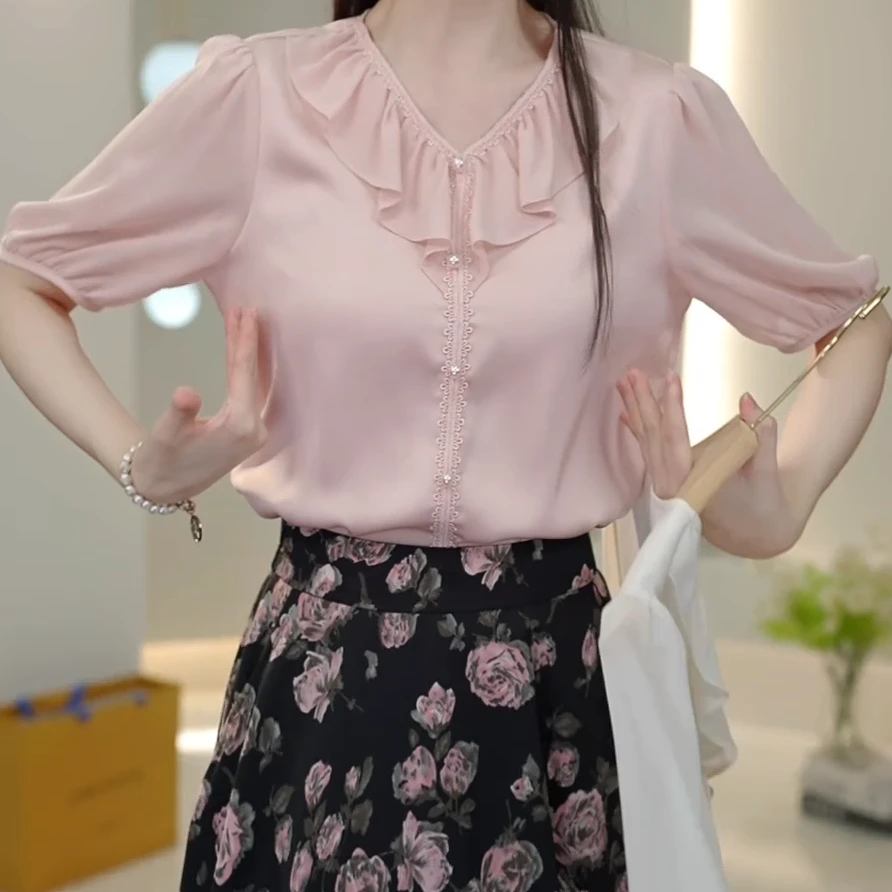 夏季新款V领荷叶边珠饰上衣显瘦百搭短袖衬衫女C5686