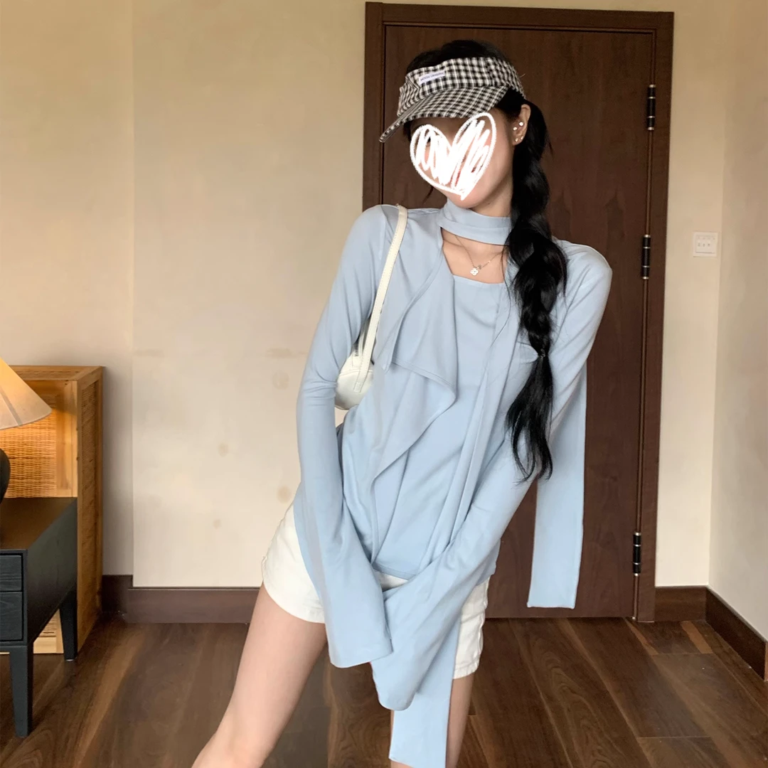 设计感荷叶边飘带长袖T恤女装秋季别致百搭修身显瘦上衣