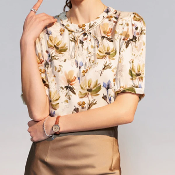 19姆米重磅桑蚕丝圆领印花t恤女短袖宽松爽滑蚕丝上衣气质2555