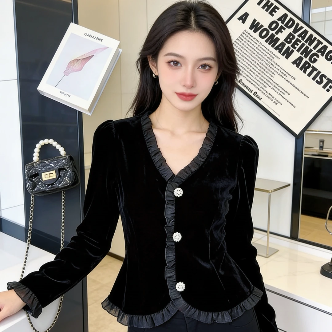 6757#2025新年款气质长袖钻石绒衬衫V领打底长袖小衫