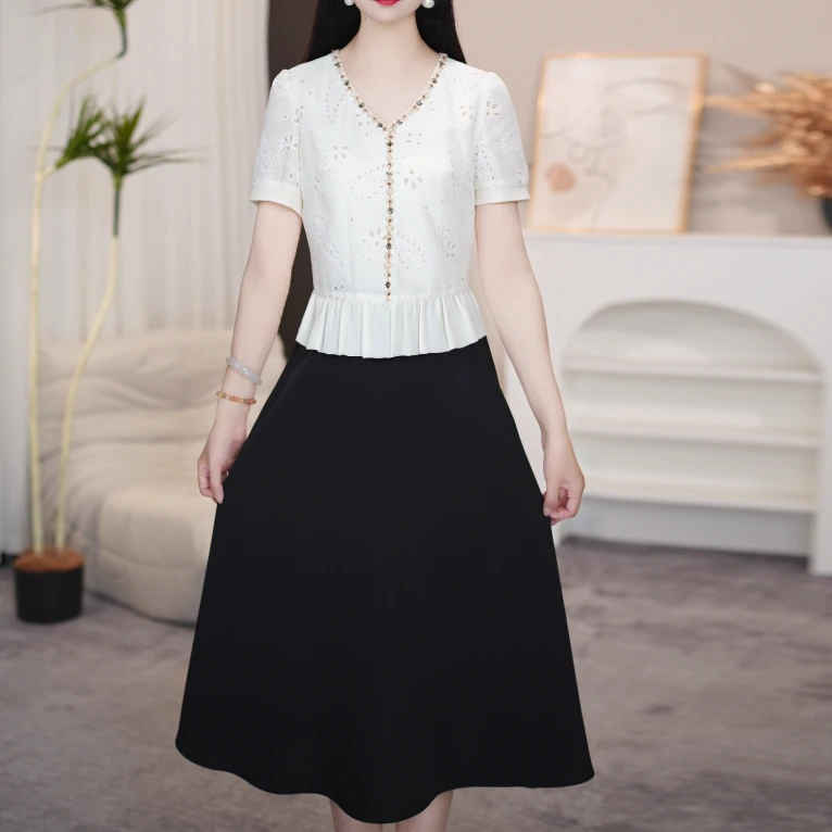 短袖连衣裙显瘦气质时尚夏季收腰假两件拼接连衣裙显瘦气质时尚