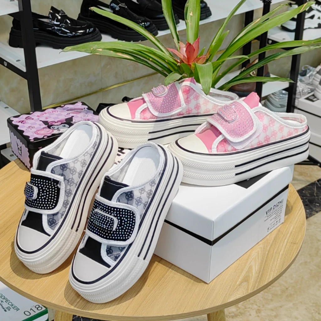 066夏季新款魔术贴水钻包头半拖鞋女外穿厚底防水防滑百搭小白鞋