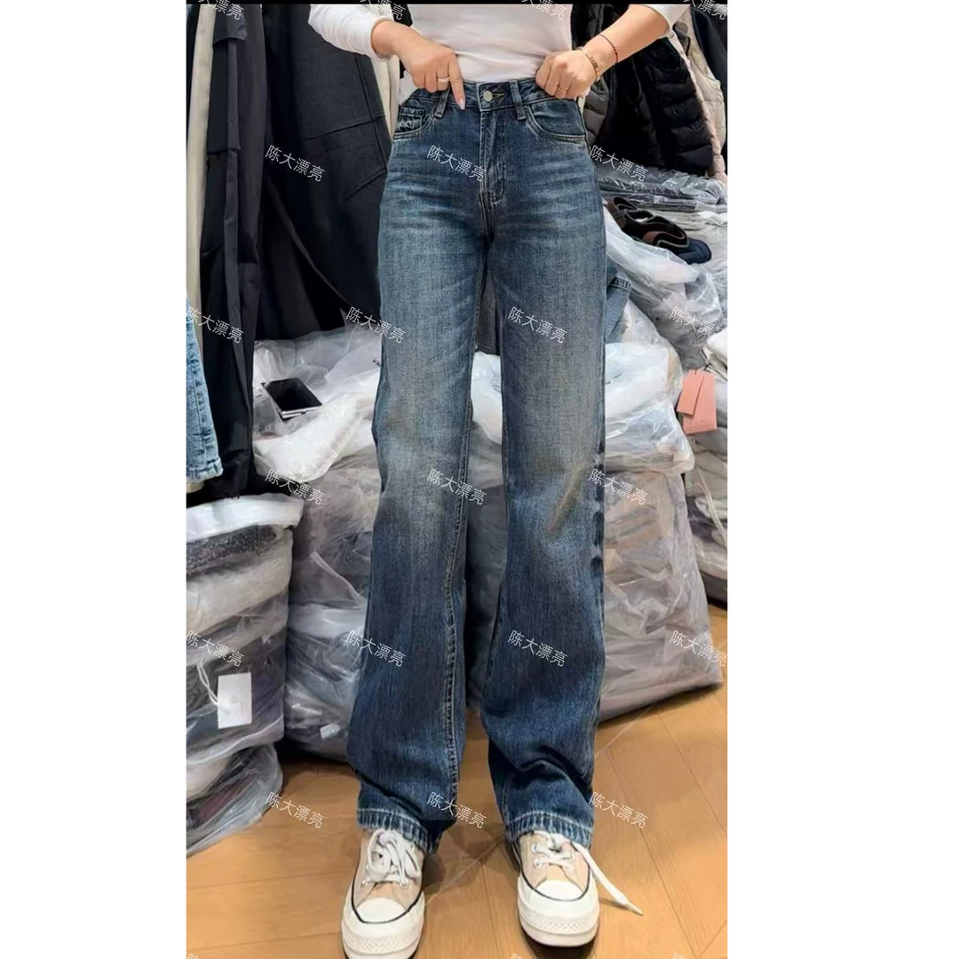 【陈大漂亮家后兜♥标水洗牛仔裤】女复古直筒窄版