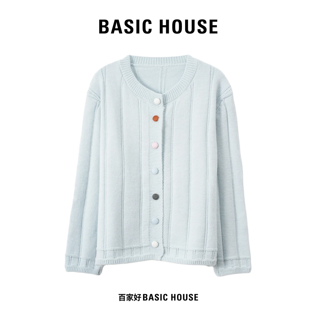 Basic House/百家好2025秋新款坑条纹彩扣圆领针织衫Q212 XX