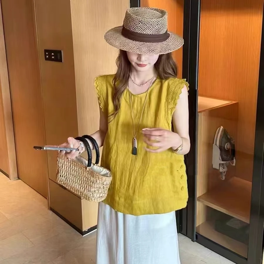 【柚子同款】ZJ夏季韩版时尚洋气侧假扣无袖马甲麻料小衫1839（609）