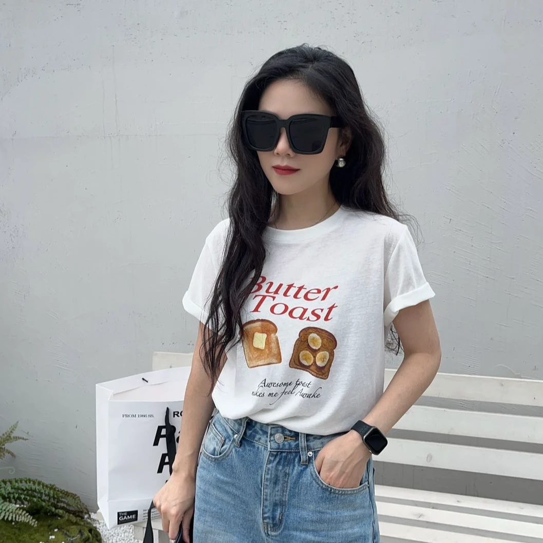 Pada.嘻&LWM【黄油吐司】韩系简约 趣味印花百搭T恤 710 Hi Fortune