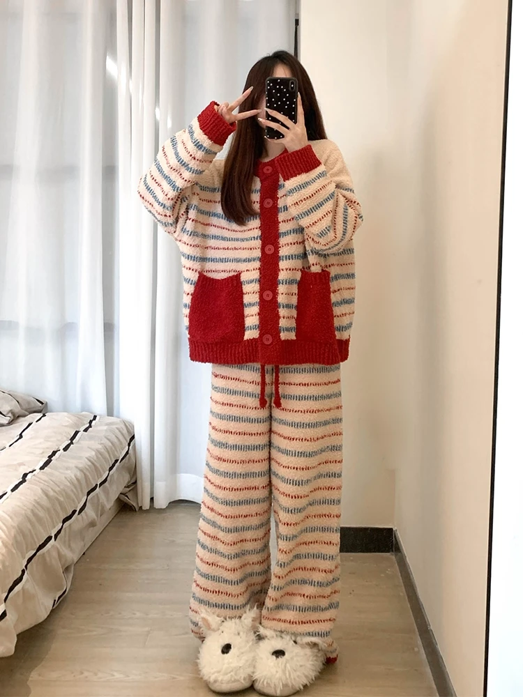 2025韩版少女亲肤软糯半边绒睡衣女款冬季针织开衫长裤家居服套装