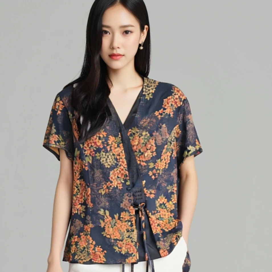 夏季洋气妈妈装V领上衣搭配阔腿裤套装印花显瘦气质琉璃软沙套装