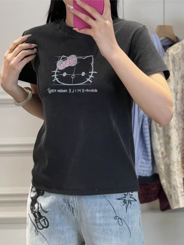 X.R欧洲站2025春季新款女装时尚圆领短袖猫咪图案百搭T恤女