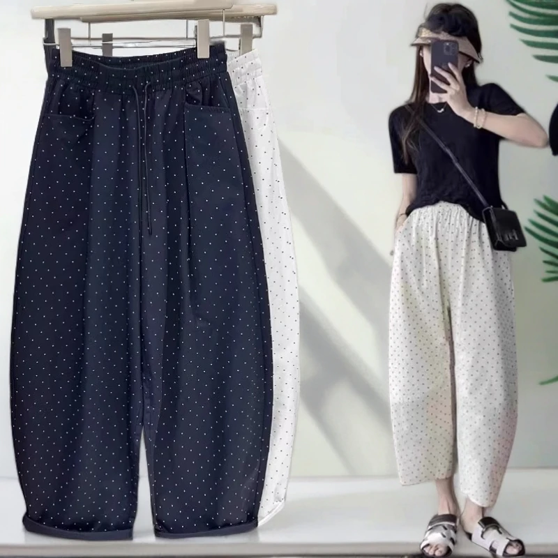 300斤大码美式复古波点卷边休闲裤男女夏季时尚洋气九分阔腿裤子2