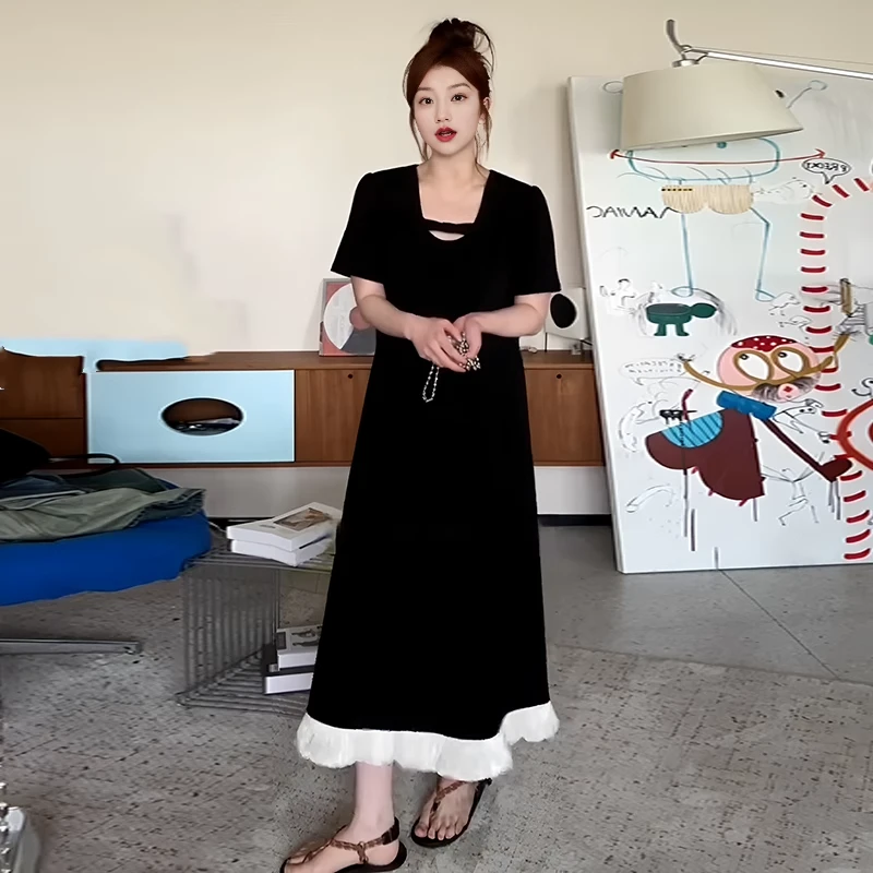 法式黑色短袖连衣裙夏季新款今年爆款宽松显瘦休闲裙子黑色连衣裙