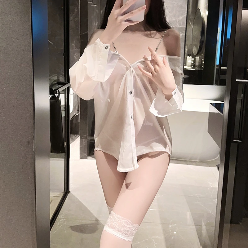 【男友衬衫】偷穿夏日薄款链条怡情内衣火辣诱惑女纯欲风长袖衬衫