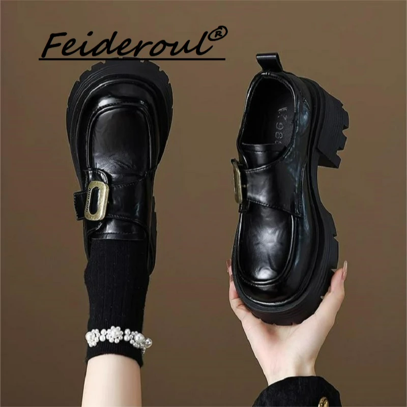 Feideroul真皮高跟乐福鞋厚底2025新款复古英伦风小皮鞋百搭单鞋